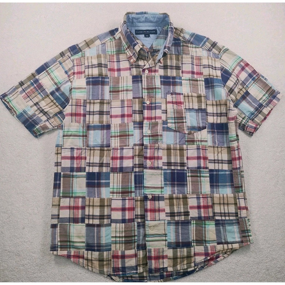 Vintage Tommy Hilfiger Shirt Men's M Plaid Patchwork Short SleevePreppy 90's